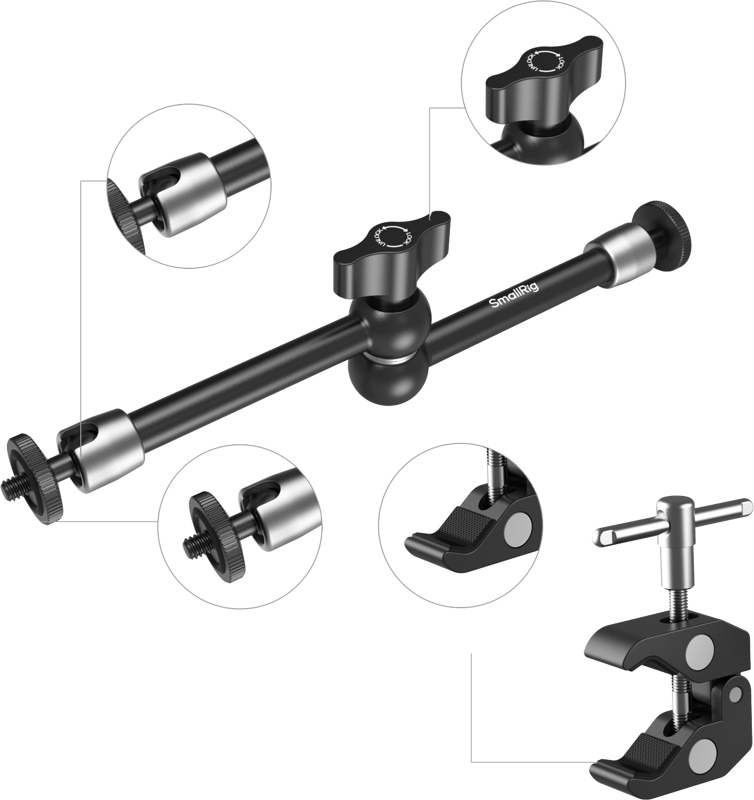 and an action camera mount. One end features a 1/4"-20 screw for mounting action cameras