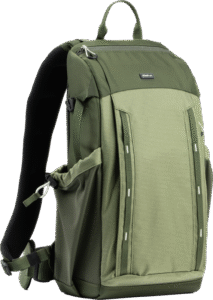 the pack will hold a standard-sized camera body and the trifecta of zoom lenses. A minimal but plush harness systems enables comfortable