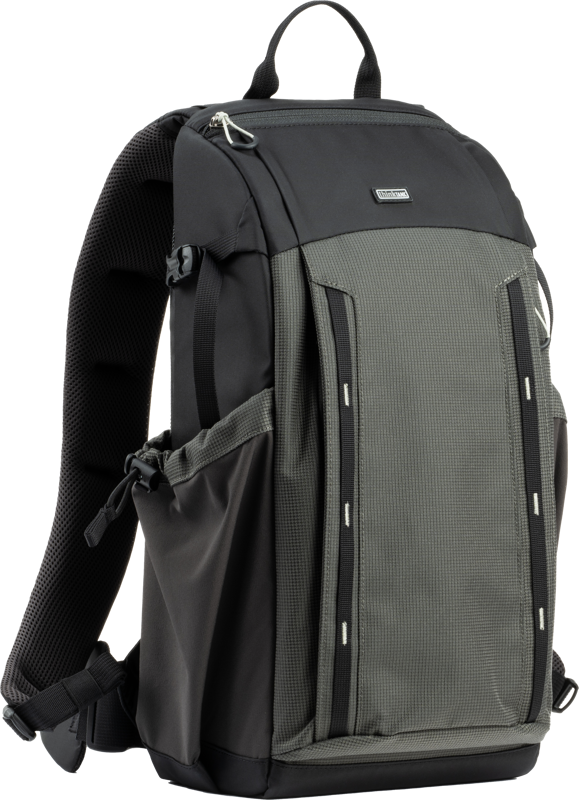 the pack will hold a standard-sized camera body and the trifecta of zoom lenses. A minimal but plush harness systems enables comfortable