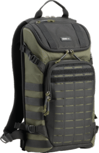 a high-performance camera bag designed for both urban and field use. Equipped with a laser-cut MOLLE panel and tactical webbing rails