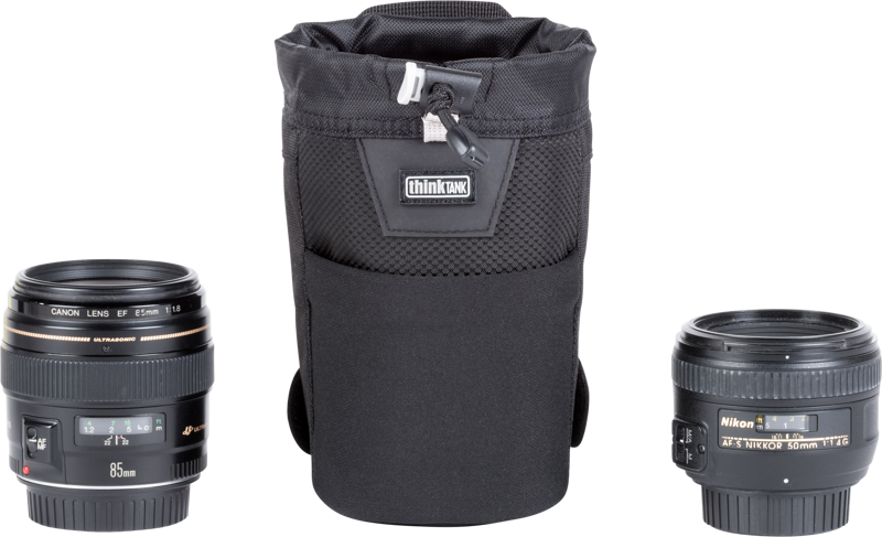 Modular lens pouch holds small lenses with the hood in shooting position