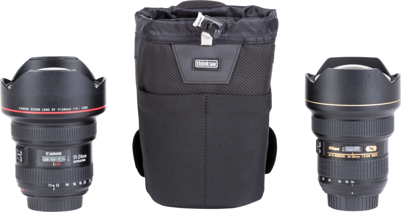 Modular pouch fits wide-angle lenses with hoods in shooting position