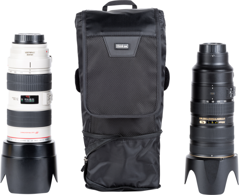 compressible pouch accommodates a 70–200mm f/2.8 lens with hood reversed or in shooting position when popped down