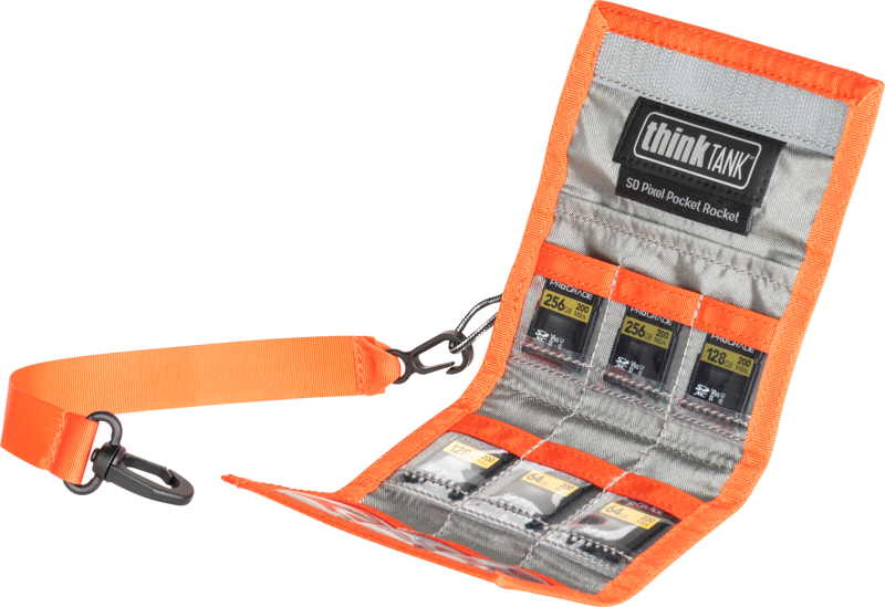 This orange Pixel Pocket Rocket from Think Tank can hold 10 CF or 10 XQD or 10 CFexpress memory cards inside its see-though slots. Among the memory card slots