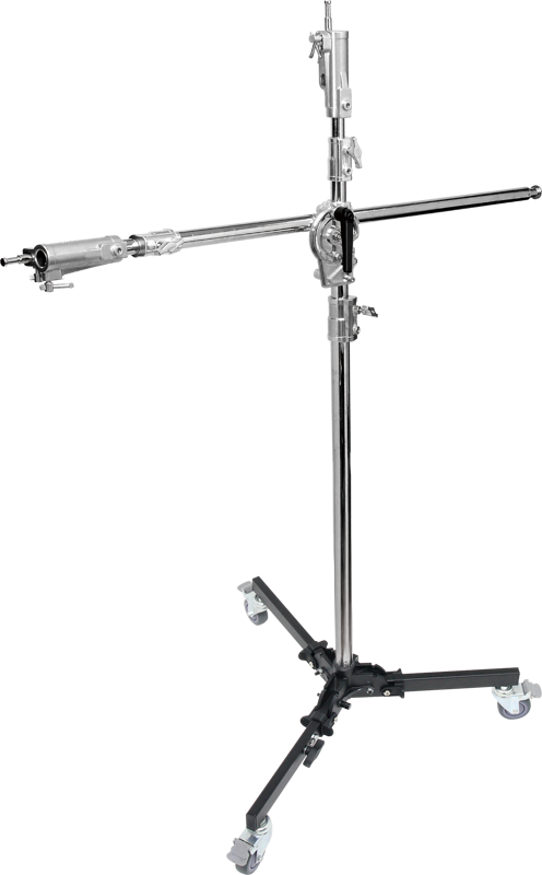 A versatile steel column roller stand with braked wheels and a sliding leg allows you to get your lights mobile in the studio or on location with ease and convenience.