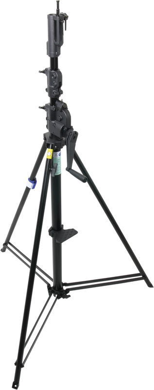 Kupo 3.66m Steel Black Wind-Up Stand w/Auto Self Locking Device. 2 risers extend simultaneously and one handle turn provides 4.4cm of lift. Black powder coated steel stand with gear column ensures easy lifting and lowering of your light.