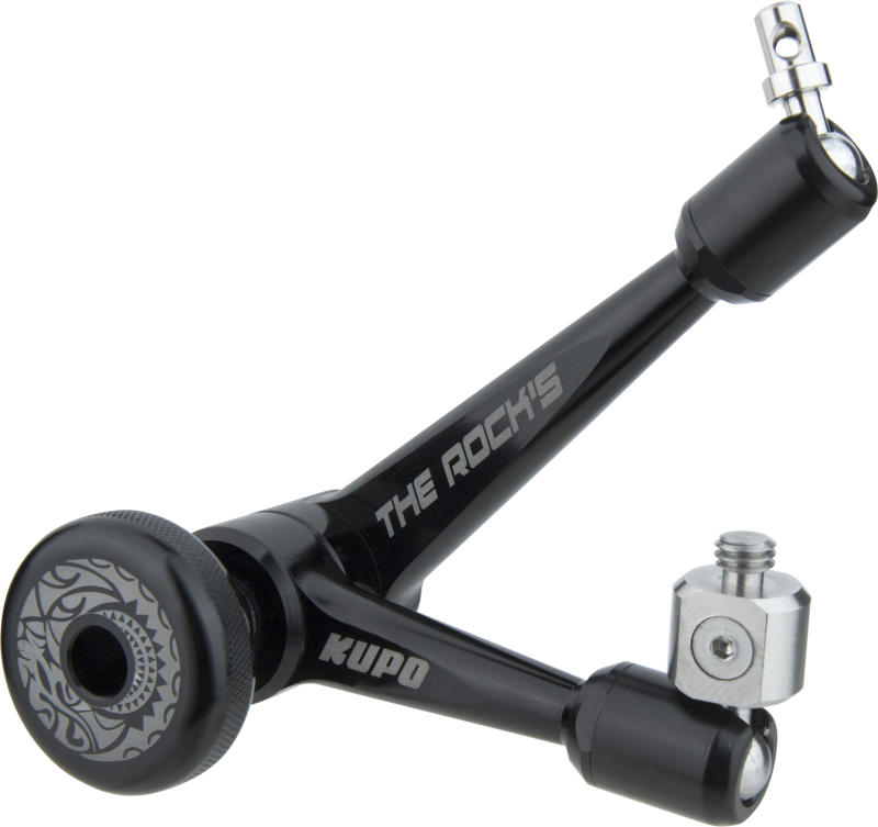 LED lights and microphones on camera rigs.