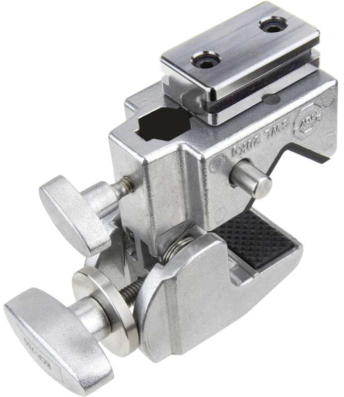 A terrific combination! This Super Convi Clamp is equipped with a CNC aluminum plate which allows the Arri PSU Rail Mount Adapter to be effortlessly slid on. A great mounting solution for supporting the power supply unit on any tube from 5-51mm or flat surfaces.