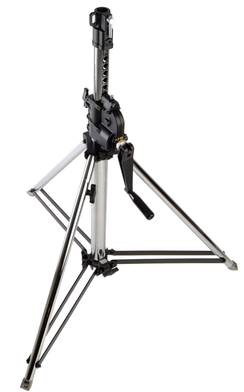 The Kupo 2-section wind-up followspot stand withauto self-lock is constructed of chrome plated steel witha gear column which is an ideal combination of strength and safety. The crank handle raises to a maximum load of 50Kg and to a height of 145cm in 2 cm increments per single clockwise revolution