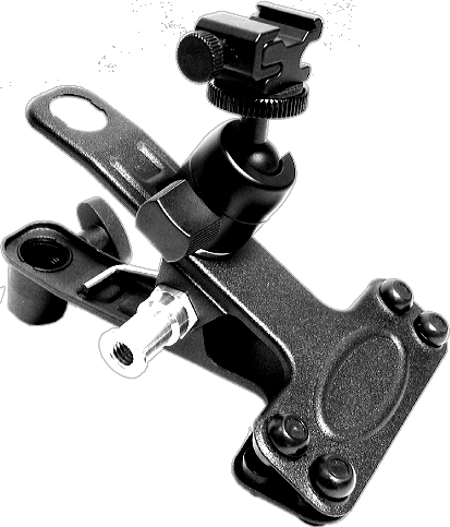 This handy clamp enables you to quickly mount and position your off-camera flash in seconds to both round and flat surfaces with  the sturdy steel ball head. It consists of an Alli Clamp with a 5/8" baby stud tapped with a 3/8"-16 female thread and a baby receiver on the rear of the clamp.  The clamp also comes with adjustable aluminum cold shoe which offers not only different size holder of flash lights but also long-lasting operation than plastic.