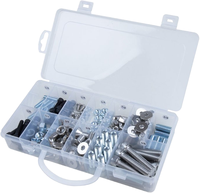 Perfect screw and nut assortment kit to meet all your needs for 1/4”-20 and 3/8”-16 screws and nuts.