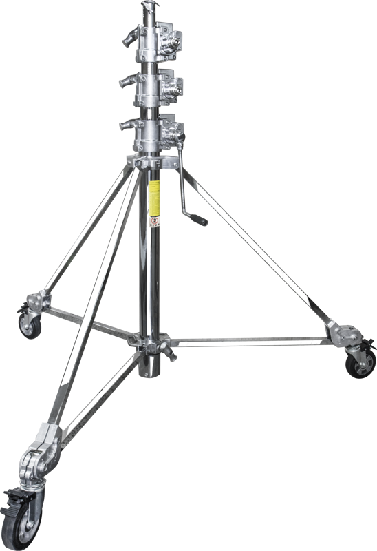 Chrome plated steel stand with braked wheels.