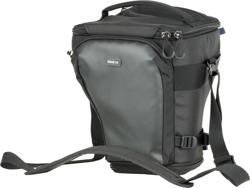 Unique holster developed specifically for a gripped camera body with a 24-70mm f/2.8 with the hood reversed. Popped-down