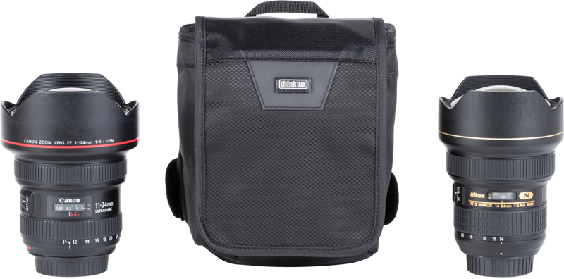Lightweight compressible modular pouch holds wide-angle lenses with the hood attached and in the shooting position.