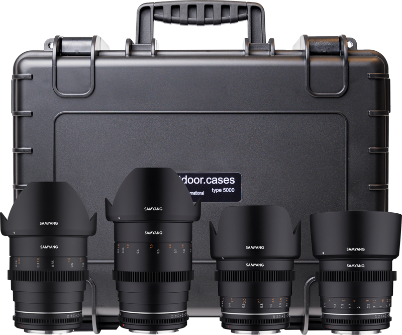 Kit with 4 Samyang VDSLR MK2 lenses and hardcase from B&W Outdoor Cases. The Samyang VDSLR MK2 line-up is a series of affordable cine lenses with a professional feel. All lenses comes with enhanced weather sealing