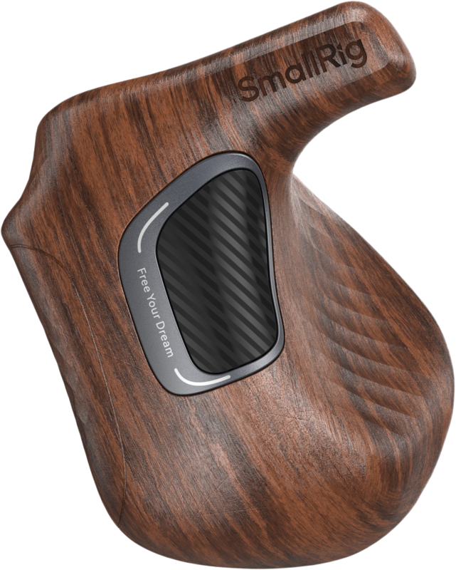 Designed for comfortable handheld shooting. It features a slide-in auto-lock mechanism that securely attaches via NATO clamp to cages equipped with NATO rails on the side. Crafted from premium solid wood