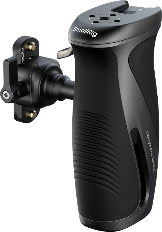 Designed for comfortable handheld shooting. It attaches securely to cages equipped with NATO rails using a NATO clamp and is fastened with a locking knob.