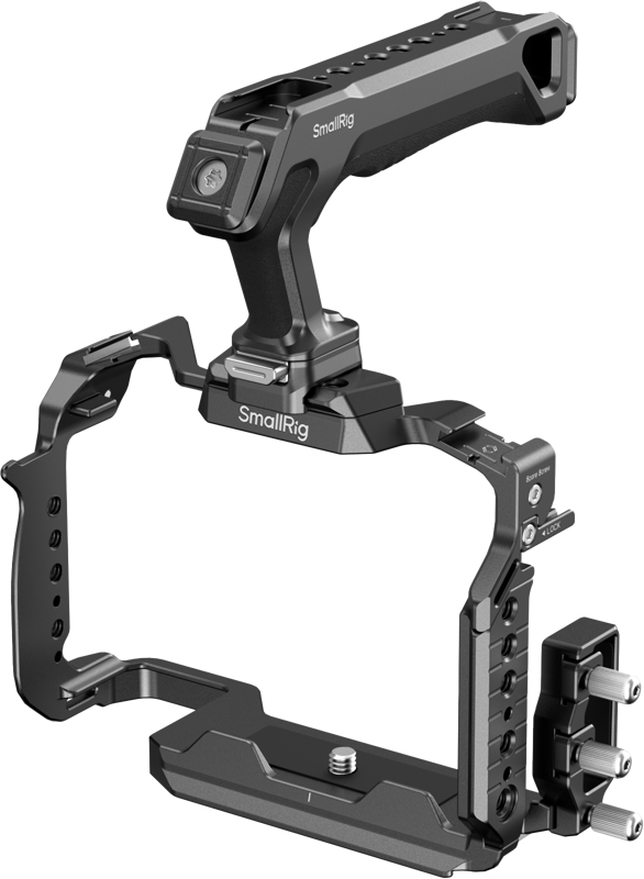 Designed to assist with handheld shooting and attach accessories. It includes a cage