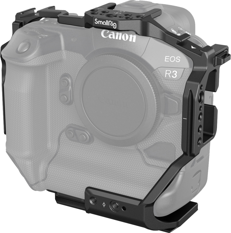 Designed to provide protection and multiple mounting points for Canon EOS R3 camera.