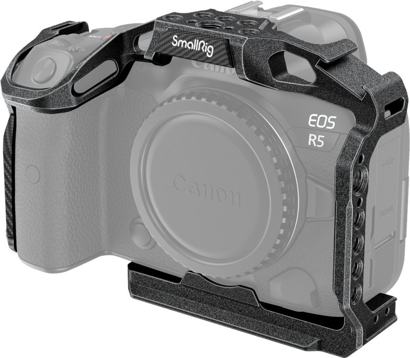 Form-fitting cage for Canon R5/R6 &amp R5C cameras and provides protection and multiple accessory mounts for the camera in video shooting