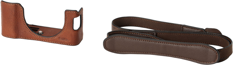 Designed to protect the camera while enhancing its vintage charm and quality. The kit includes a leather half case and a shoulder strap.