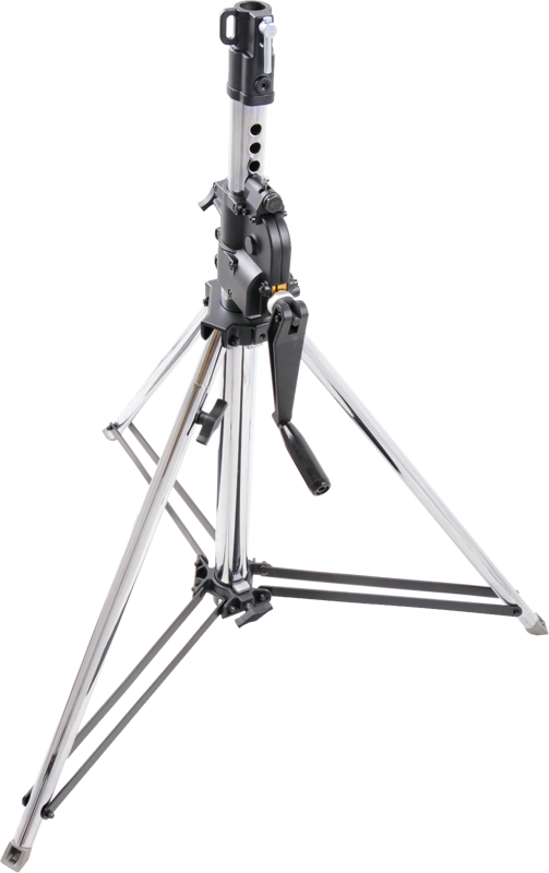 The Kupo 482T wind-up stand. Enables a single operator to raise and lower heavy lights or scrims safely by turning a handle.