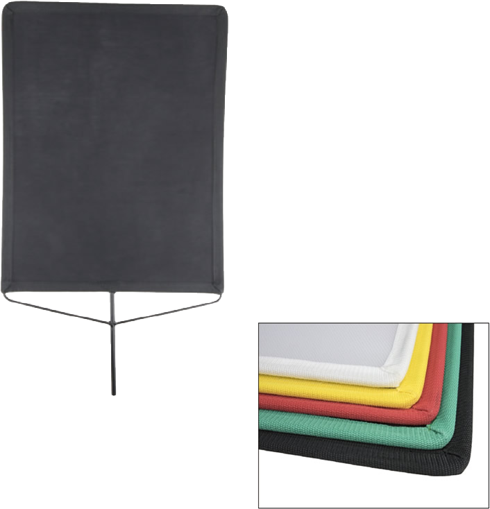 Designed primarily to control natural or artificial light on indoor or outdoor shoots. Flags are square or rectangular steel frames stitched with fabric and come with a 9.5mm diameter mounting pin welded on the steel frame for connecting a grip head (or gobo).