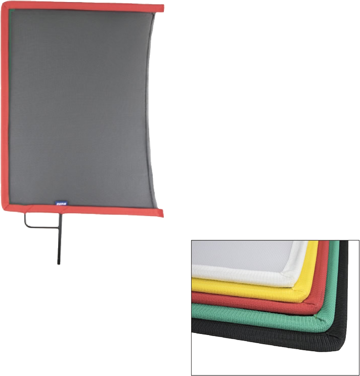 Designed primarily to control natural or artificial light on indoor or outdoor shoots. Flags are square or rectangular steel frames stitched with fabric and come with a 9.5mm diameter mounting pin welded on the steel frame for connecting a grip head (or gobo).