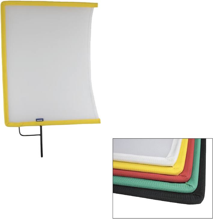 Designed primarily to control natural or artificial light on indoor or outdoor shoots. Flags are square or rectangular steel frames stitched with fabric and come with a 9.5mm diameter mounting pin welded on the steel frame for connecting a grip head (or gobo).