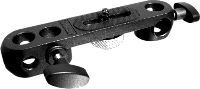 The Camera / Umbrella Bracket is a handy accessory. It features two Baby 5/8" (16mm) receivers and a smaller receiver for an umbrella shaft. It comes with a 1/4"-20 camera mounting screw and a locking collar to tighten the camera against the bracket.