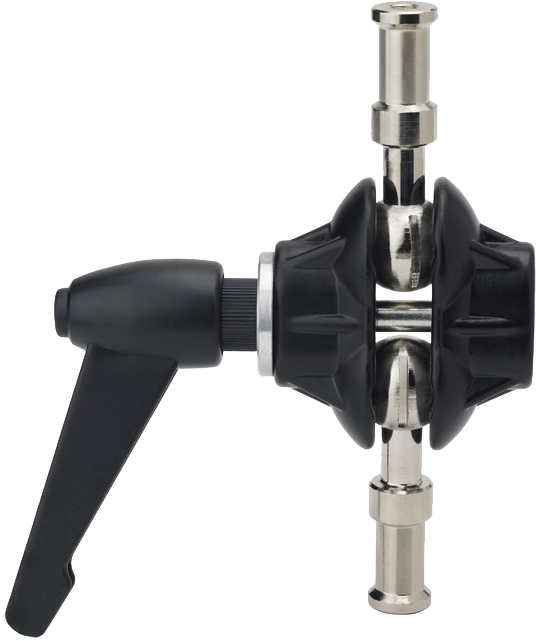 This adapter is has a double ball joint secured by a ratcheted handle and two 5/8" (16mm) studs on either side. One stud is tapped with a 1/4"-20 female thread and the other has a 3/8"-16 female thread for a variety of mounting options.