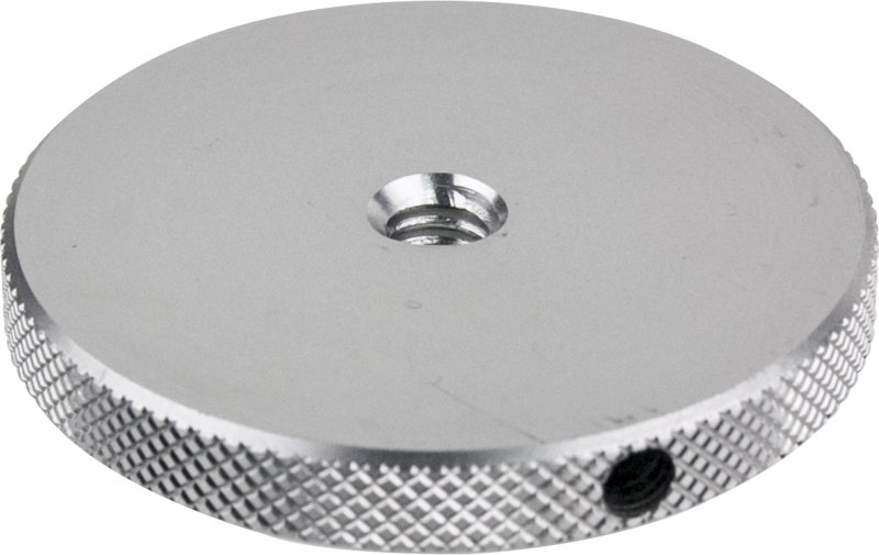 The Kupo Round Knurled Flange Disc 1.77" with 1/4"-20F is typically found on suction cups for helping to lock items securely into place. It is made of quality light-weight aluminum and can be used on anything with a 1/4"-20 Male threaded shaft.
