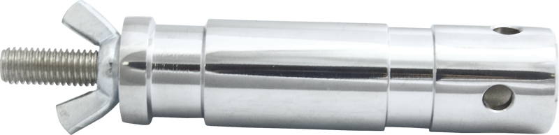 A 28mm steel spigot with M10 thread and wing nut. Allows the spigot to be attached to a lighting yoke then fits into a standard lighting stand with a 28mm receiver.