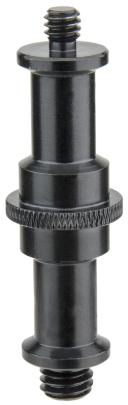 The universal adaptor spigot is a double-sided Baby 5/8" (16mm) stud with 1/4"-20 male thread on one side and a 3/8"-16 male thread on the other. The stud is round and will fit into any 5/8" (16mm) receiver.
