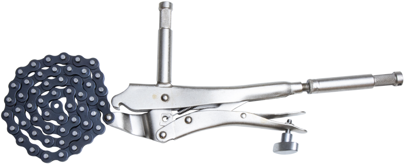 The Kupo Chain Clamp with Dual Baby 5/8” Studs consists of a pair of pliers with a 10” length of chain that can be wrapped around odd shaped objects such as a tree branch.