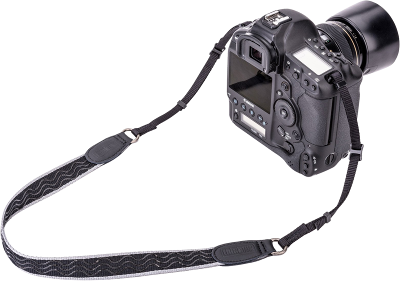 Lightweight camera strap has non-slip material on both sides and the strength to support pro-size camera bodies with pro lenses attached