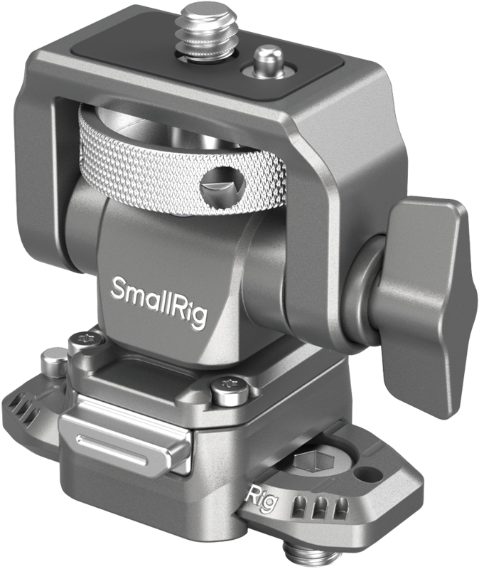 Consists of a quick-release monitor mount with NATO clamp and a quick release NATO rail. Press the button to flare the pins and slide the NATO rail into the groove. Release the button to securely lock the NATO rail into the monitor mount