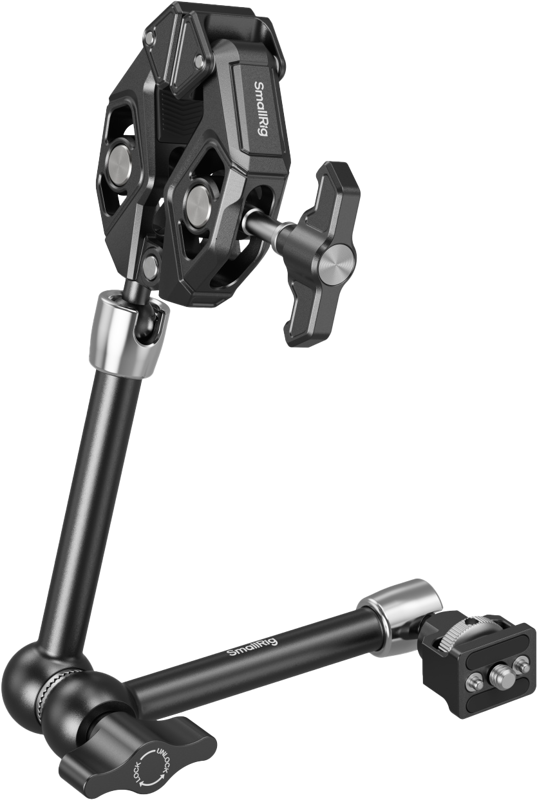 Consists of a magic arm and a crab-shaped clamp in one end and in the other end features a 1/4"-20 screw and retractable pins