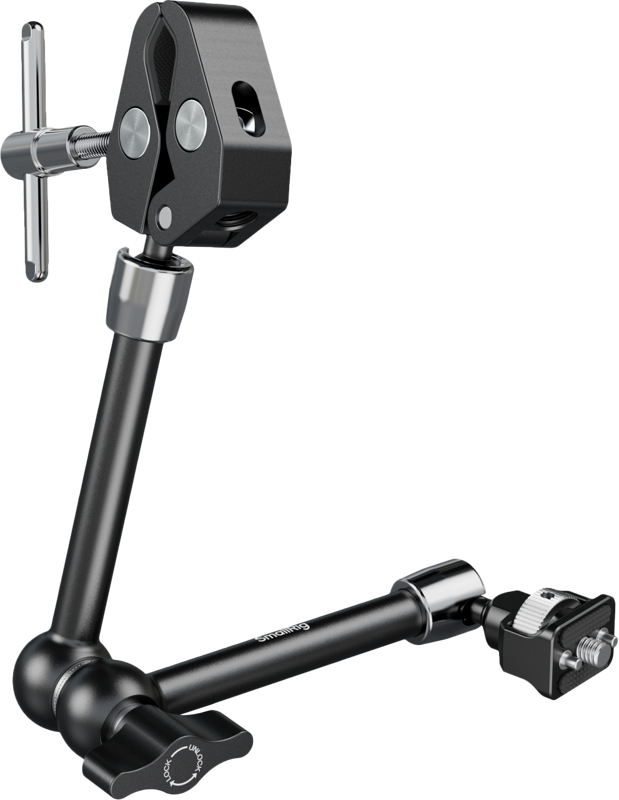 Consists of a magic arm and a crab-shaped clamp. One end features a 1/4"-20 screw and retractable pins