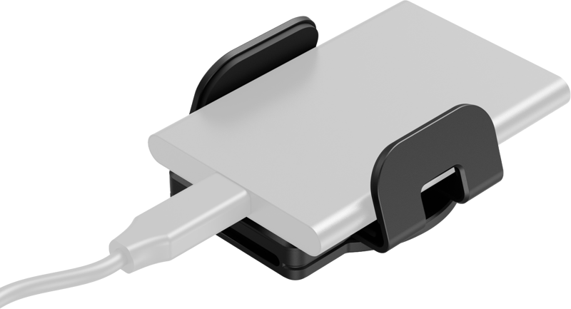 Securely holds portable SSDs (40 -60mm wide x 8 - 17mm thick) on camera cages and L-shape mount plates featuring 1/4"-20 threaded holes and MagSafe-compatible iPhones.