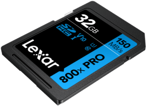 the 32GB High-Performance 800x PRO UHS-I SDHC Memory Card (BLUE Series) from Lexar features a storage capacity of 32GB and takes advantage of the UHS-I bus to let you quickly capture and transfer Full HD and 3D video as well as raw and JPEG captures.