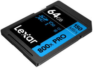 the 64GB High-Performance 800x PRO UHS-I SDXC Memory Card (BLUE Series) from Lexar features a storage capacity of 64GB and takes advantage of the UHS-I bus to let you quickly capture and transfer 4K