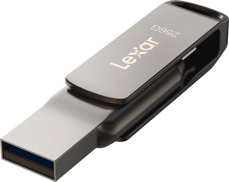 The Lexar JumpDrive Dual Drive D400 USB 3.1 Type-CTM is a 2-in-1 flash drive that allows you to seamlessly transfer content between your USB Type-CTM and Type-A devices. Featuring a stylish metal casing and swivel design for added protection