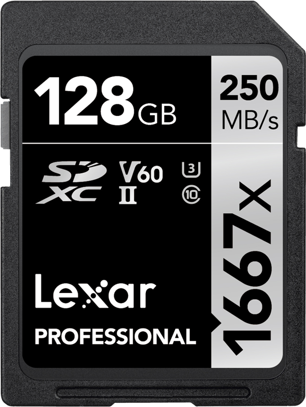UHS II / U3 Class SD card designed for high-speed capture of high-quality images and extended lengths of 1080p full-HD