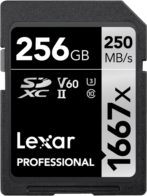 UHS II / U3 Class SD card designed for high-speed capture of high-quality images and extended lengths of 1080p full-HD