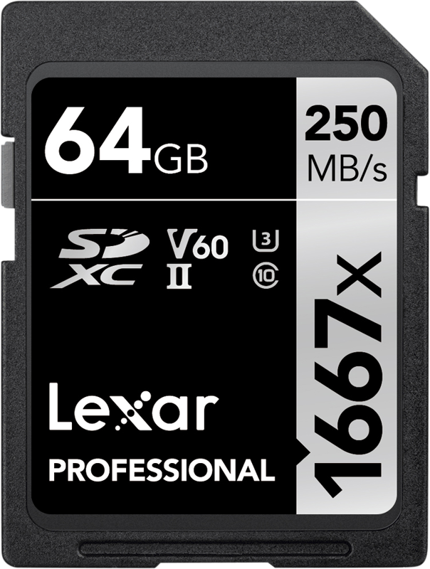 UHS II / U3 Class SD card designed for high-speed capture of high-quality images and extended lengths of 1080p full-HD