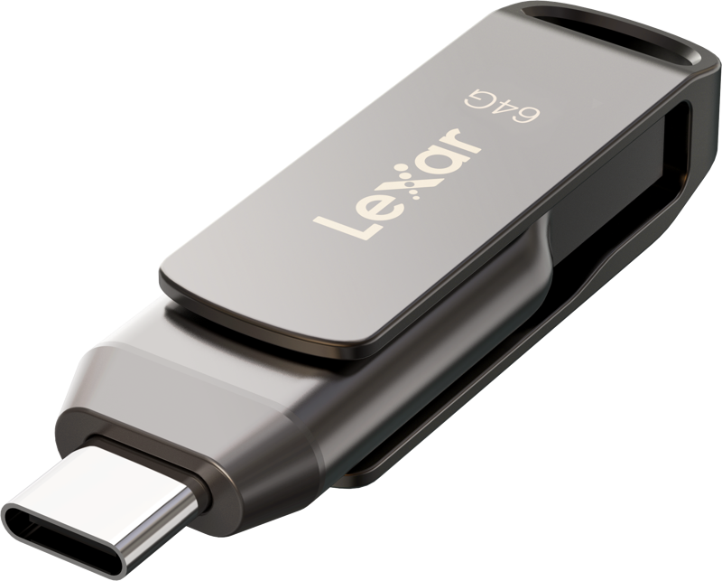 The Lexar JumpDrive Dual Drive D400 USB 3.1 Type-CTM is a 2-in-1 flash drive that allows you to seamlessly transfer content between your USB Type-CTM and Type-A devices. Featuring a stylish metal casing and swivel design for added protection