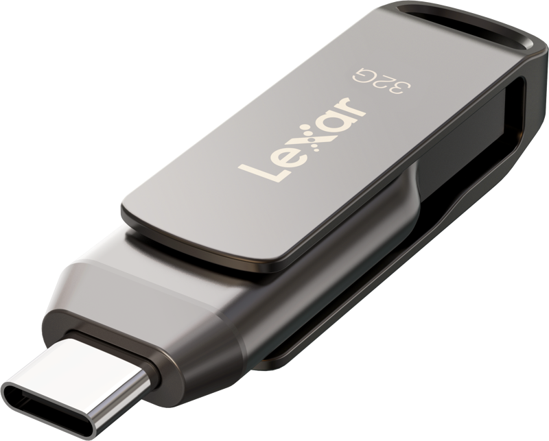 The Lexar JumpDrive Dual Drive D400 USB 3.1 Type-CTM is a 2-in-1 flash drive that allows you to seamlessly transfer content between your USB Type-CTM and Type-A devices. Featuring a stylish metal casing and swivel design for added protection
