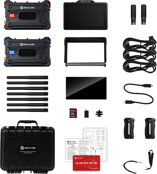 The Hollyland Pyro Kit features the 5.5" Pyro 5 wireless transceiver monitor and Pyro S transmitter/receiver for ultra‑versatile on‑set monitoring. With 2.4/5 GHz dual‑band auto frequency hopping