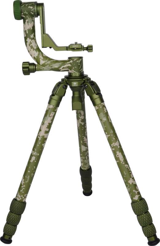 The camoflage tripod and head help photographers / filmmakers camouflage themselves in the natural environment so they do not disturb wildlife while shooting. The Gimbal head supports up to 20kg load to perfectly fit with heavy equipment and telephoto lens